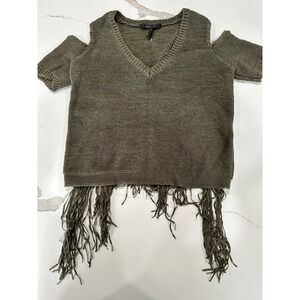 BCBGMaxAzria Olive Fringe Cold-Shoulder V-Neck Sweater